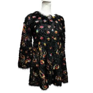 Simply Couture Long Swing Bottom Feather Like Cardigan Black Multicolored Sz S